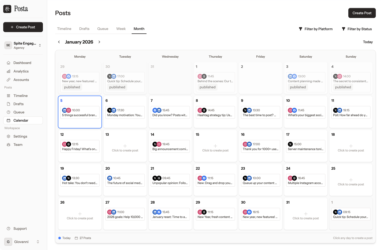 Posta dashboard showing scheduled posts across multiple social media platforms